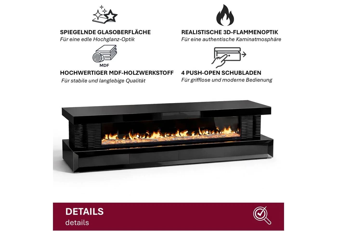 HOOZ TV-Lowboard Schwarz mit 3D-Flammenoptik & Glasfront