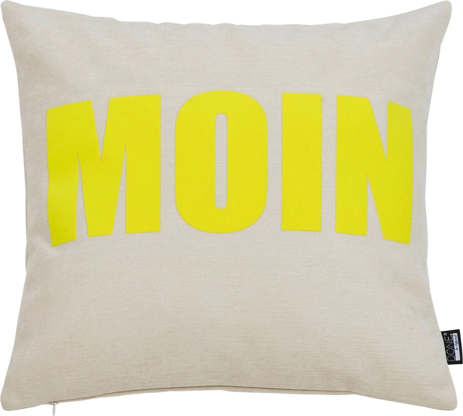 DONE. Dekokissen "MOIN" Beige Neon-Gelb Polyester Kissenhülle