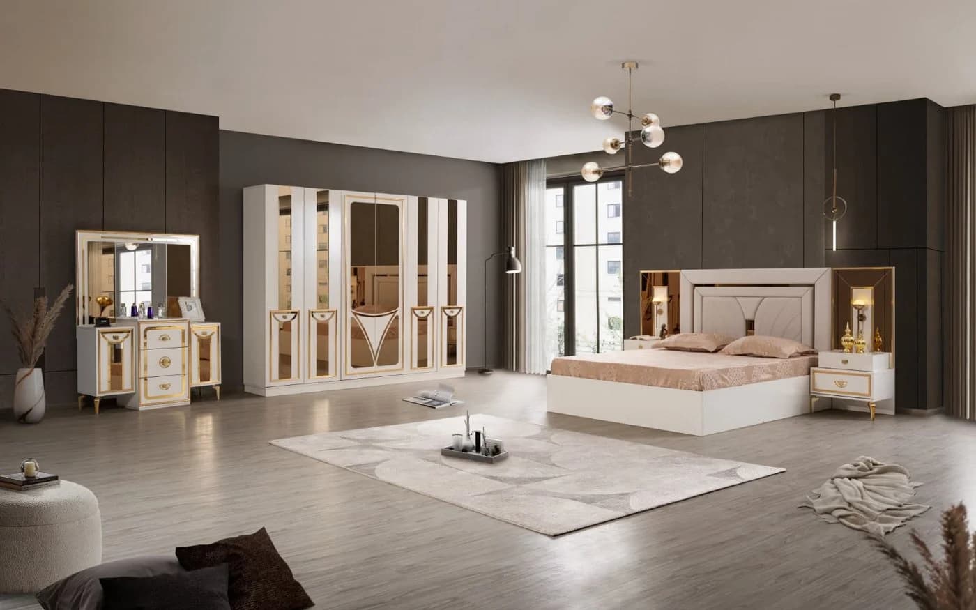 JulietHome Schlafzimmer-Set Piramit Weiß/Gold mit Boxspringbett & Kleiderschrank