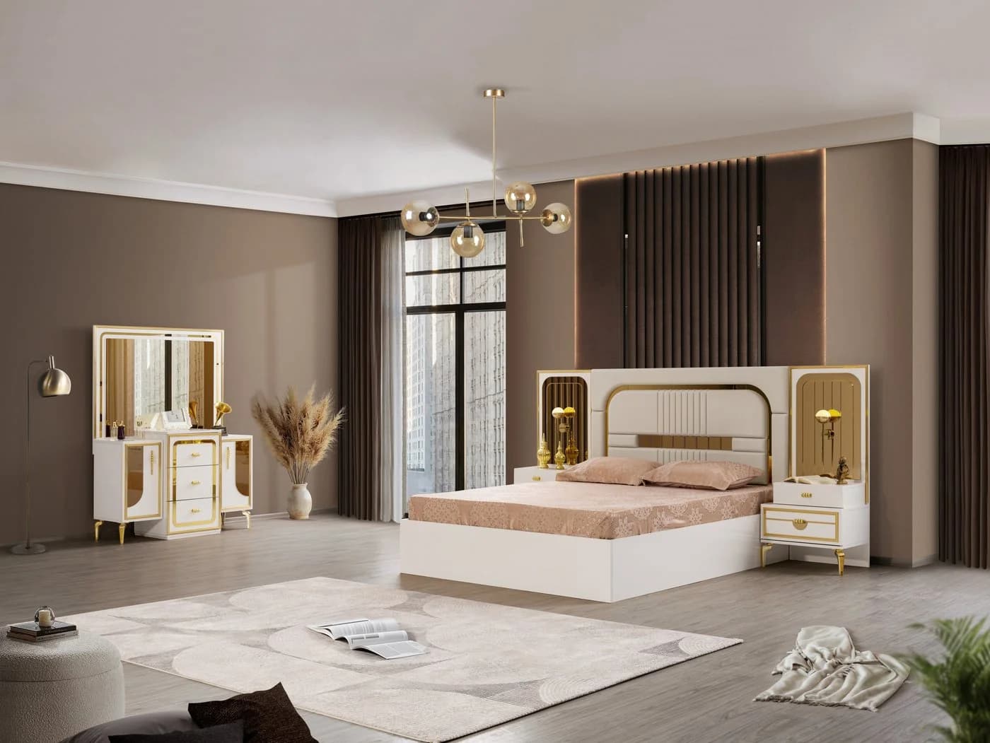 JulietHome Schlafzimmer-Set Trend Weiß/Gold mit Boxspringbett & Kleiderschrank