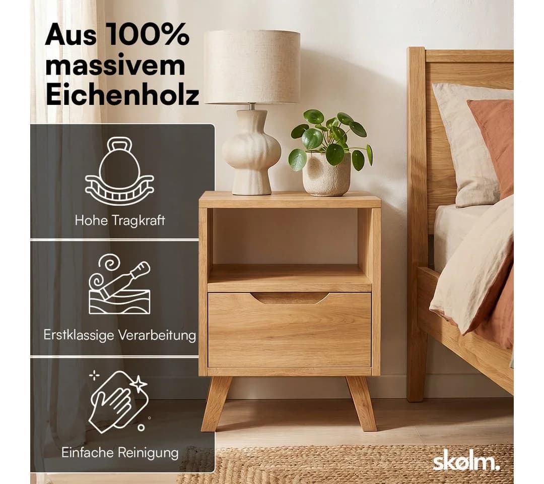 skølm Nachttisch Kólga Massivholz Eiche Beige Modern