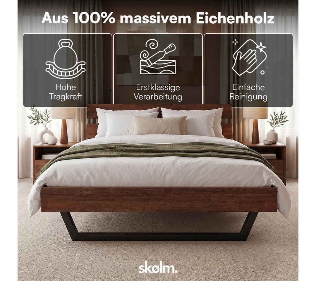 skølm Massivholzbett Alver Eiche geölt mit Metallkufen