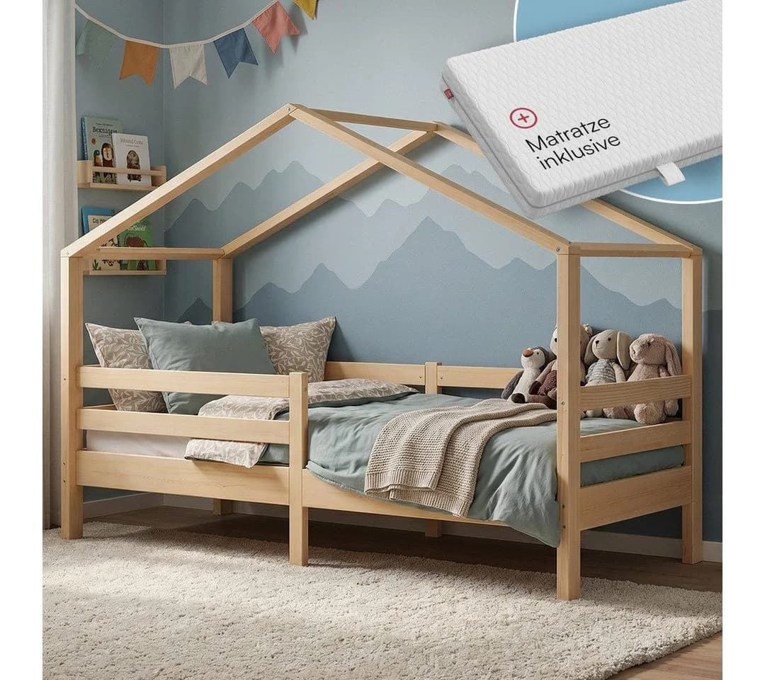 Bellabino Hausbett Abia Kinderbett mit Matratze und Rausfallschutz Natur