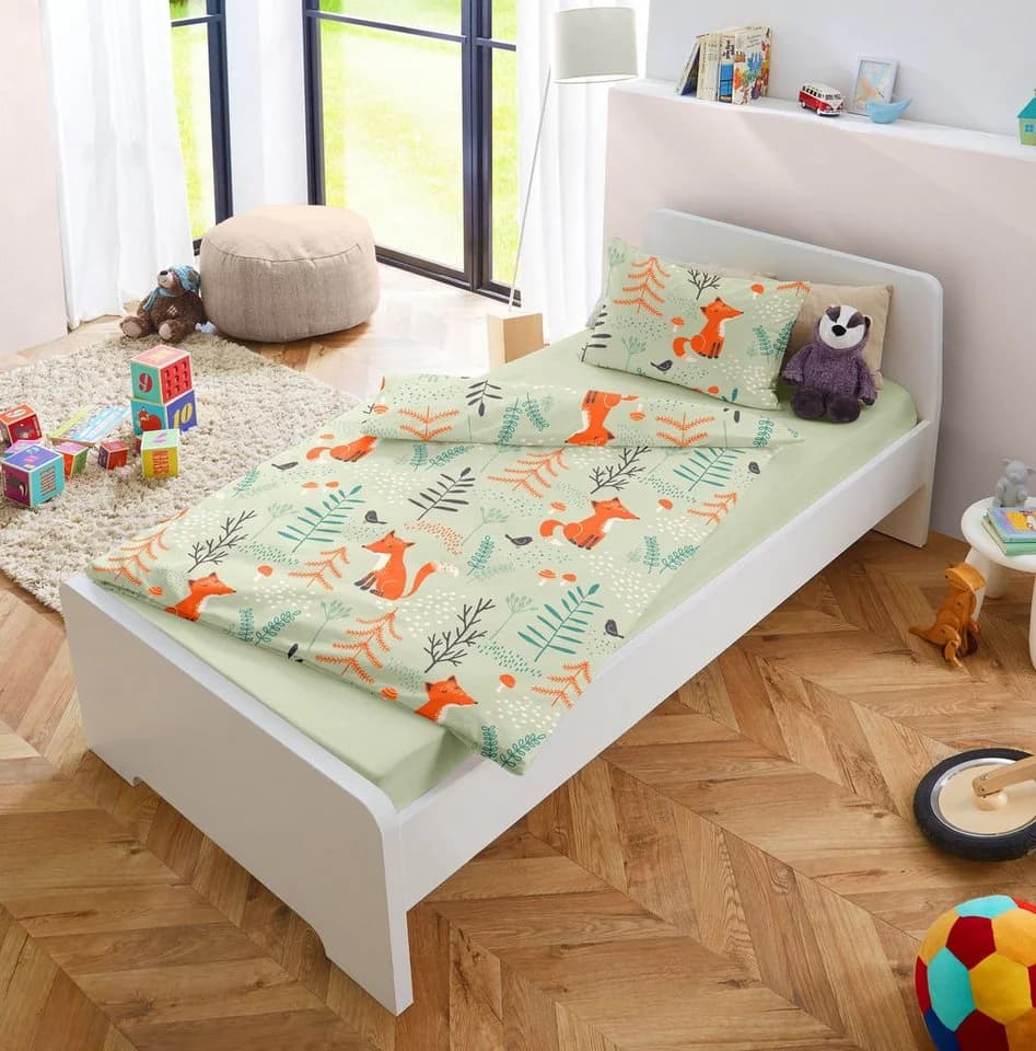 JACK Babybettwäsche 100x135cm Fuchs Wald Natur Grün, 2-teilig, mit Reißverschluss