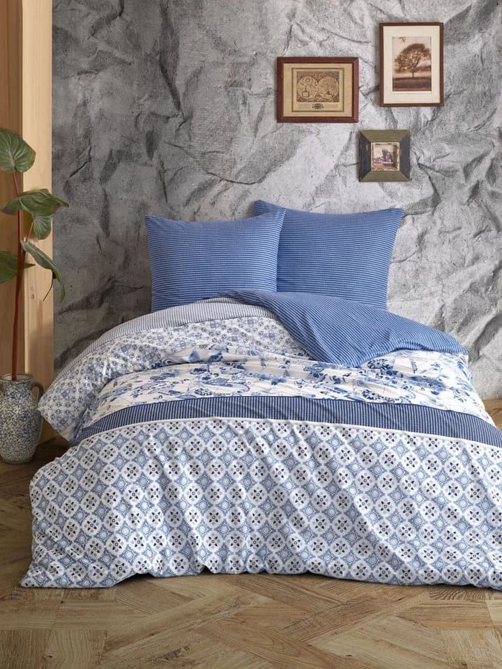 Leonado Vicenti Wendebettwäsche 100% Baumwolle Blau-Weiß Patchwork