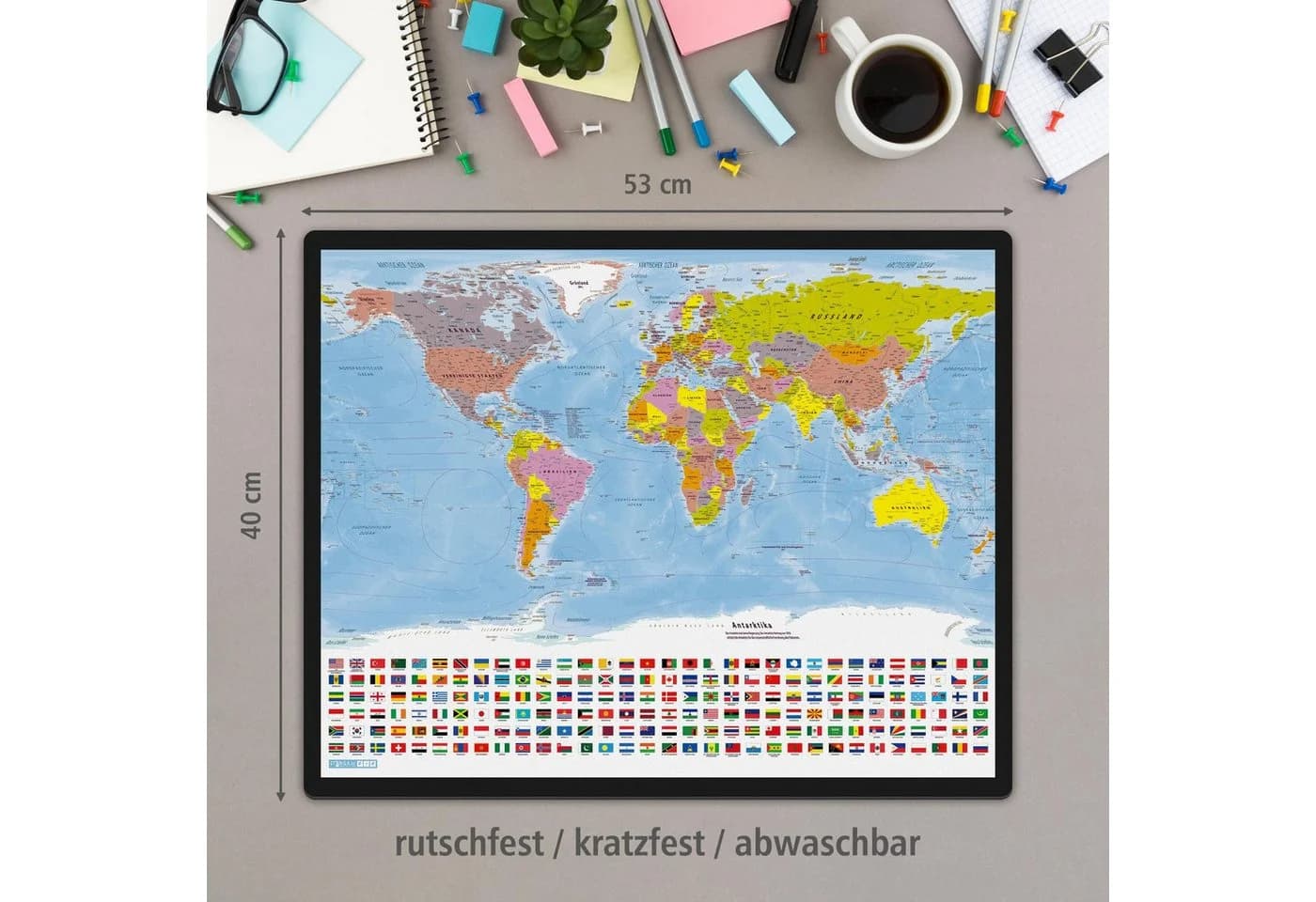 itenga Schreibtischunterlage Weltkarte Motiv Kunststoff
