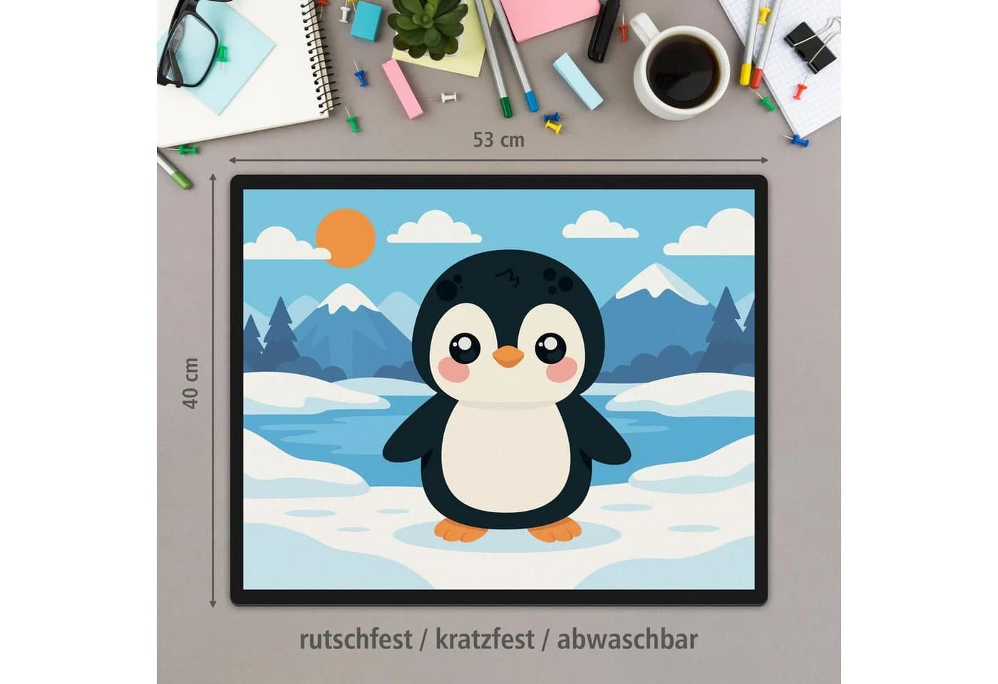 itenga Schreibtischunterlage & Papierkorb Set KAWAII Pinguin Motiv