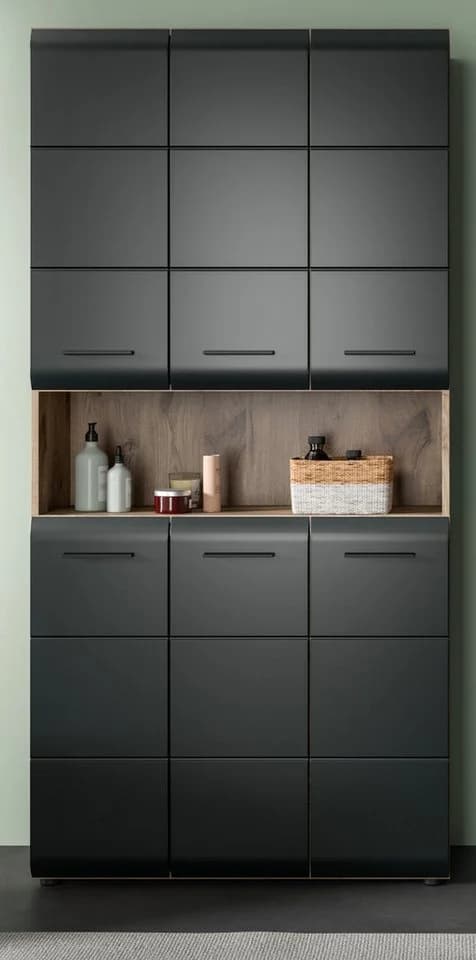 Inn.Furn Hochschrank Cover 6-türiger Bad- und Mehrzweckschrank Schwarz und Eiche