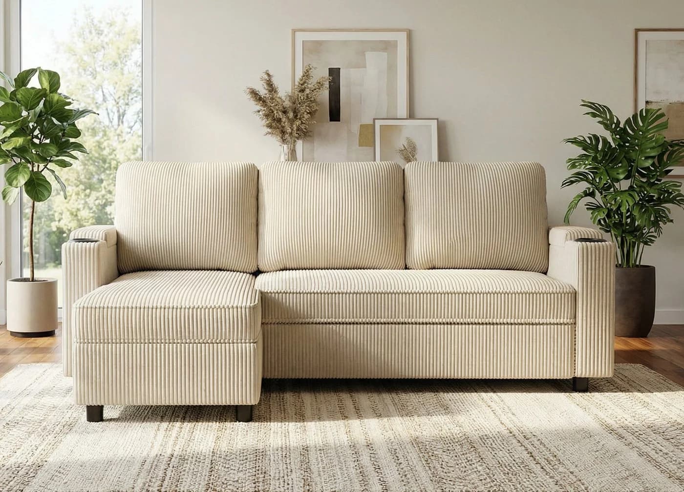 GUNJI Ecksofa Multifunktionales L-Form Schlafsofa aus Cord Beige