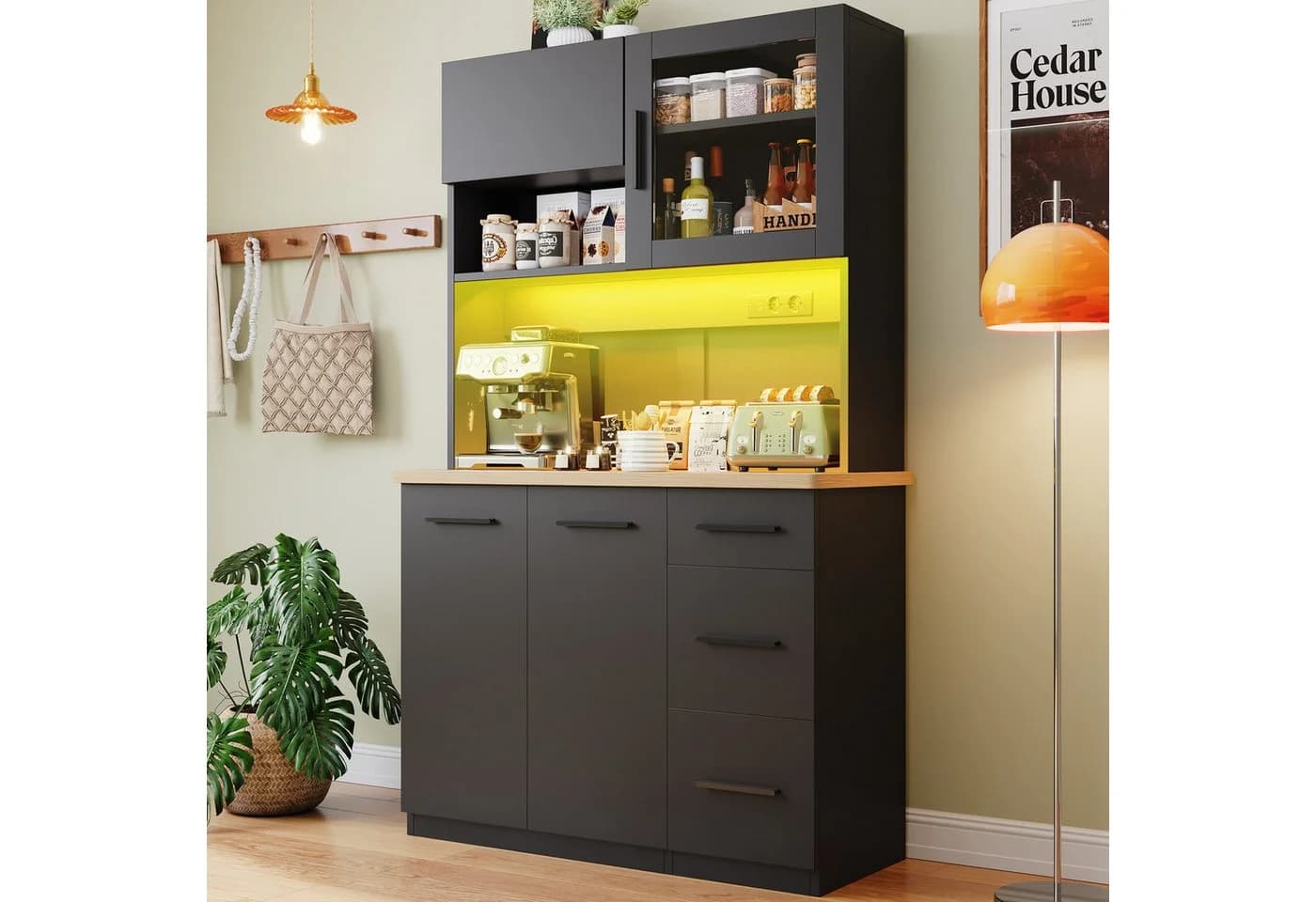 GUNJI Küchenbuffet Schwarz/Weiß mit LED-Beleuchtung und Steckdosen