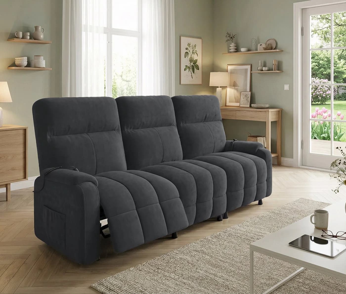 GUNJI 3er Relaxsofa Mikrofaser Grau Elektrisch