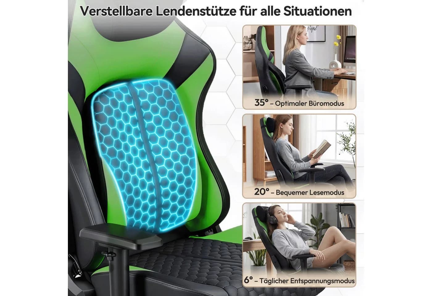 HOMALL Gaming-Stuhl Grün mit verstellbarer Lendenstütze und 2D-Armlehnen