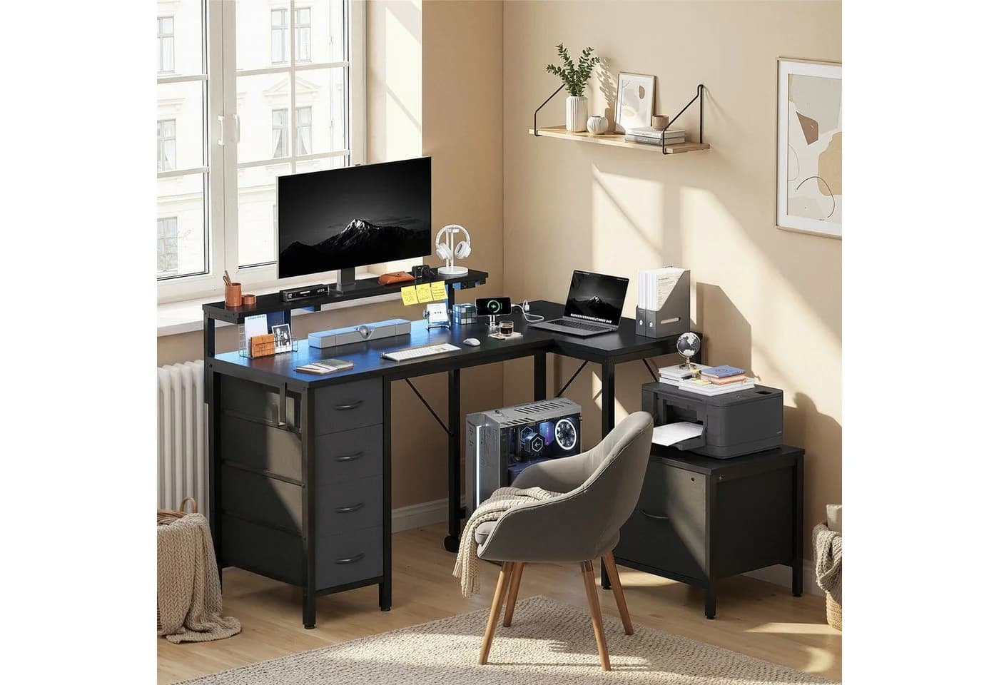HOMALL Gaming-Schreibtisch mit Stauraum, USB-Anschlüssen und LED-Beleuchtung