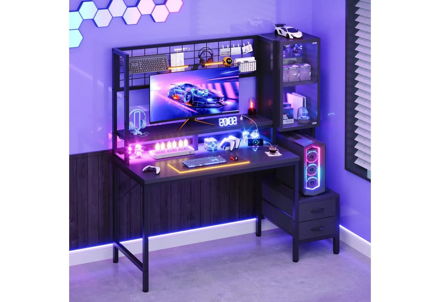 HOMALL Gamingtisch mit USB-Steckdose & RGB LED, Schwarz