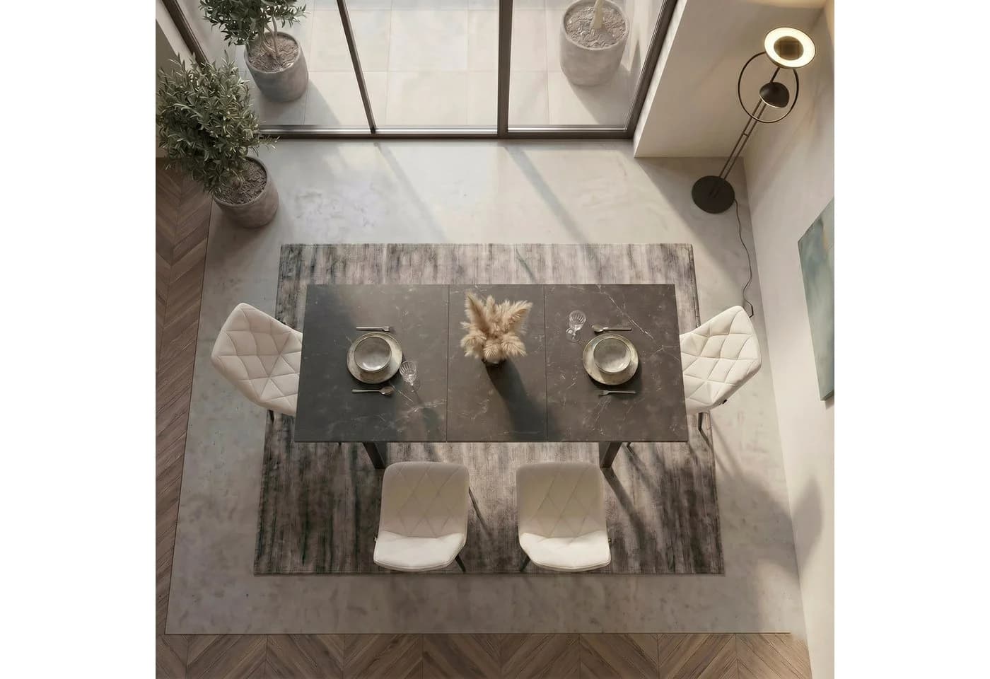 B&D home Essgruppe Anna & Vicka 5-tlg. Esstisch ausziehbar Samt weiß
