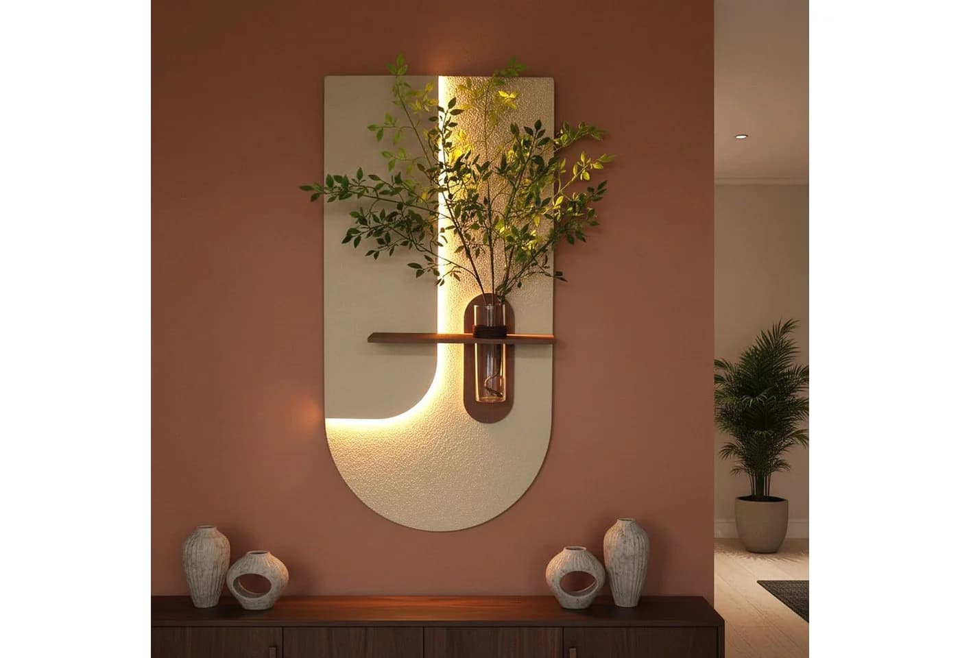 Arnusa 3D-LED-Wandbild mit Vase Wanddeko 100 x 50 cm Fernbedienung, Blätter, beleuchtete Wanddekoration