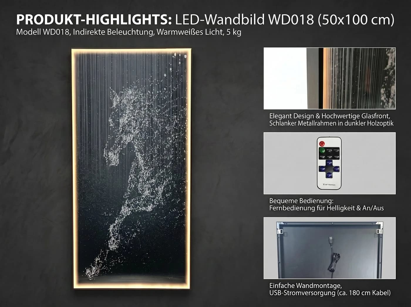 Arnusa LED-Wandbild Pferd Glas warmweiß mit Fernbedienung