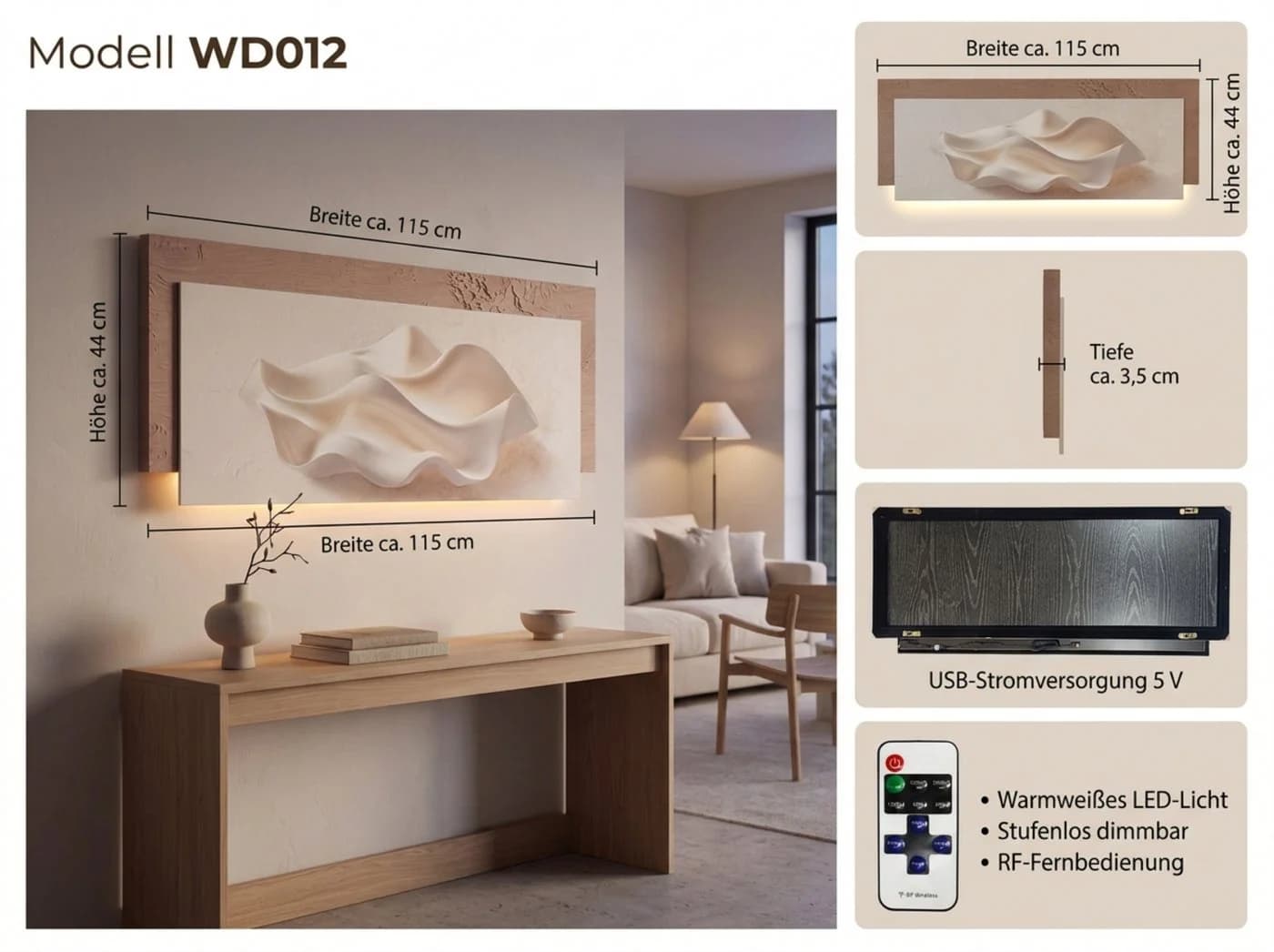 Arnusa LED-Bild Wanddekoration Beige Braun mit Licht