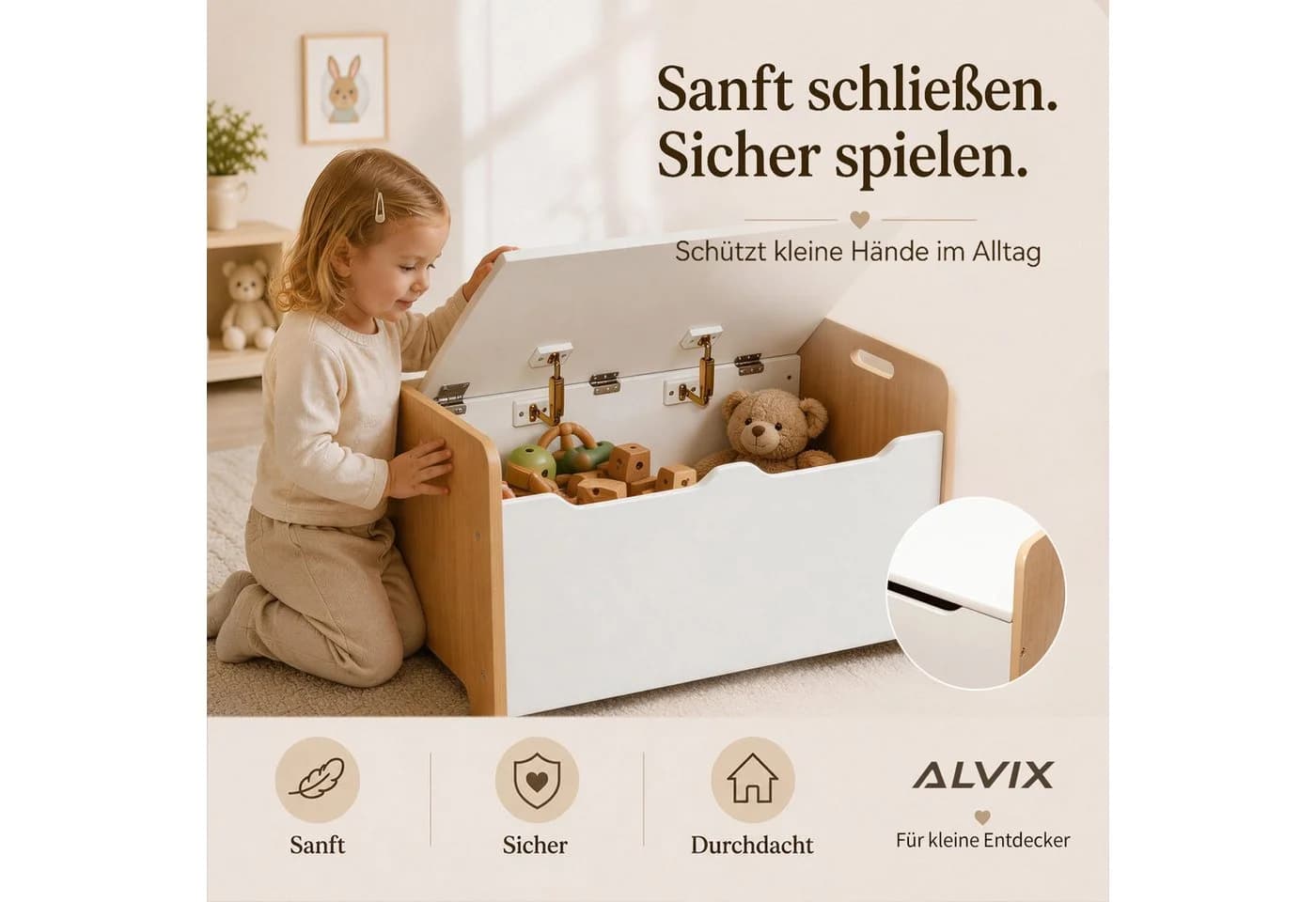 ALVIX Spielzeugtruhe NESTA 1 mit Sitzkissen, Soft-Close-Deckel, Beige/Weiß