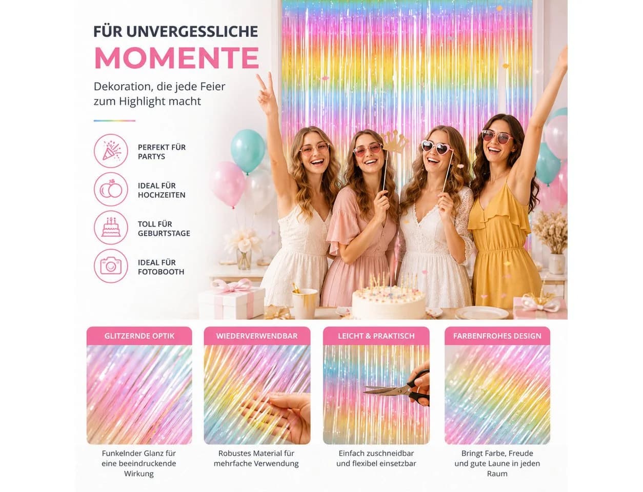 TK Gruppe Lamettavorhang Bunt 200 × 100 cm Partydeko