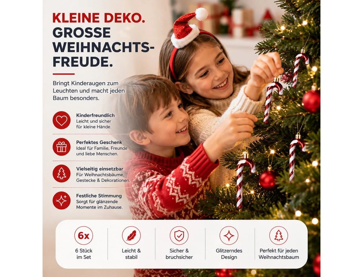 TK Gruppe Weihnachtsbaumkugel 6x Zuckerstangen Rot-Weiß Glitzernd