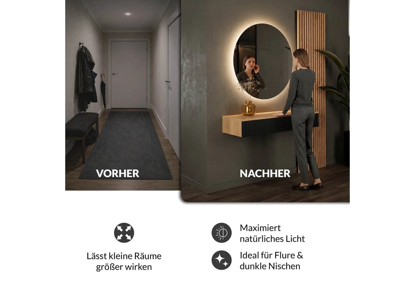 Planetmöbel Garderoben-Set AMYRA Wand-Konsole mit Schubladen Schwarz Gold-Eiche