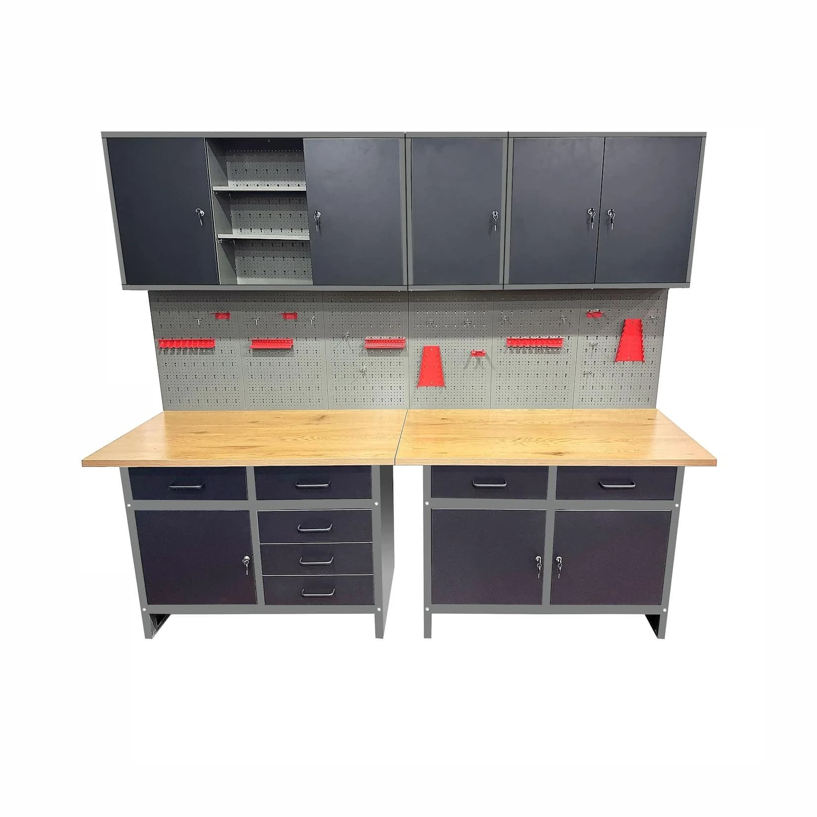 Prestige Works Werkstatt Set Metall 240cm Werkbank Werkzeugschrank Schwarz Grau