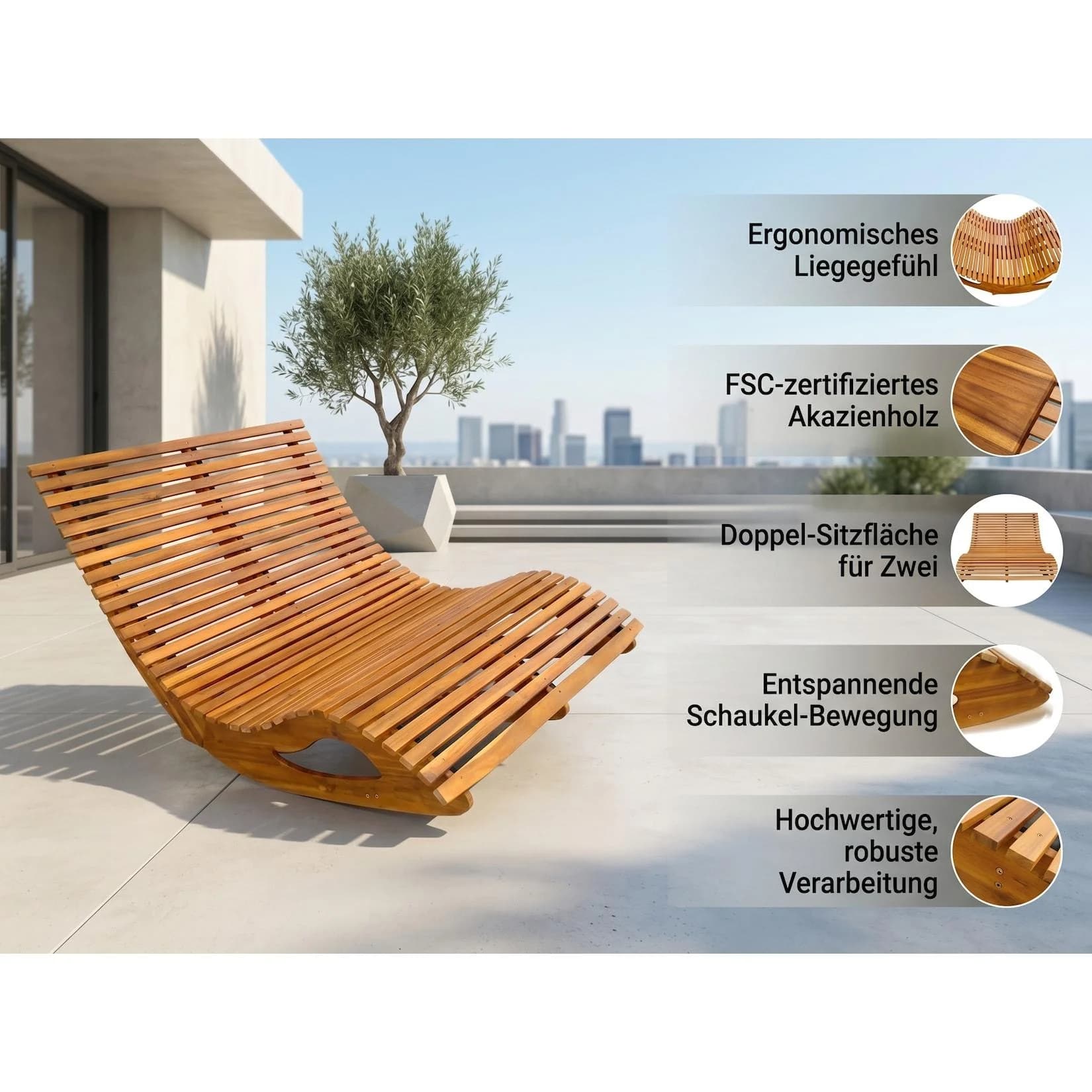 Ergonomische Doppelschwungliege aus Akazienholz FSC®-zertifiziert