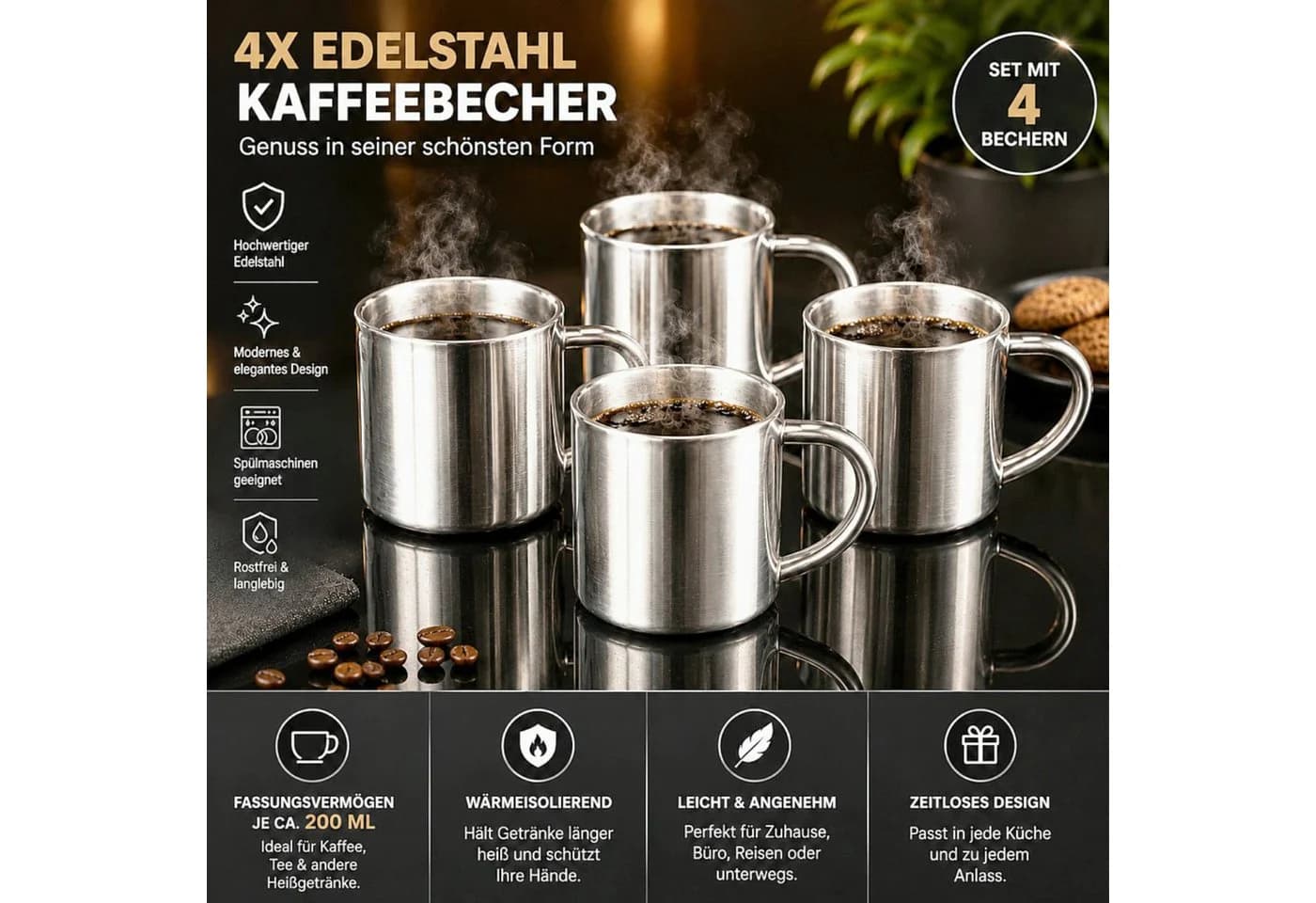 Haushalt International 4-tlg. Campingbecher Set Edelstahl Doppelwandig Silber