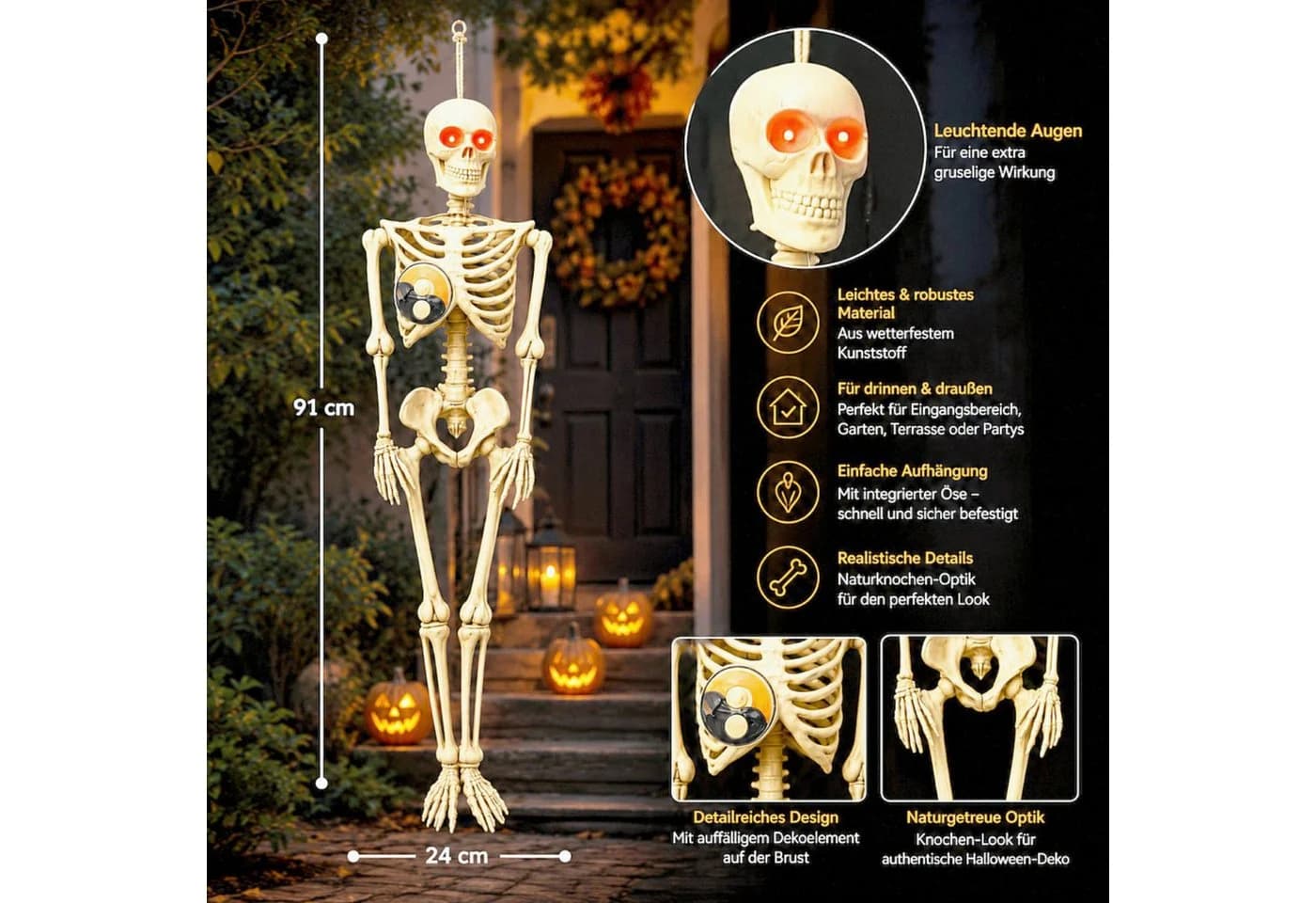 Koopman Skelettfigur Deko mit LED-Leuchteffekt Beige
