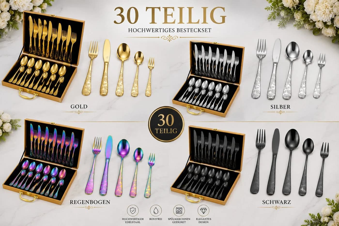 Faizee Home Besteck-Set 30-tlg. Ornament-Design Mehrfarbig
