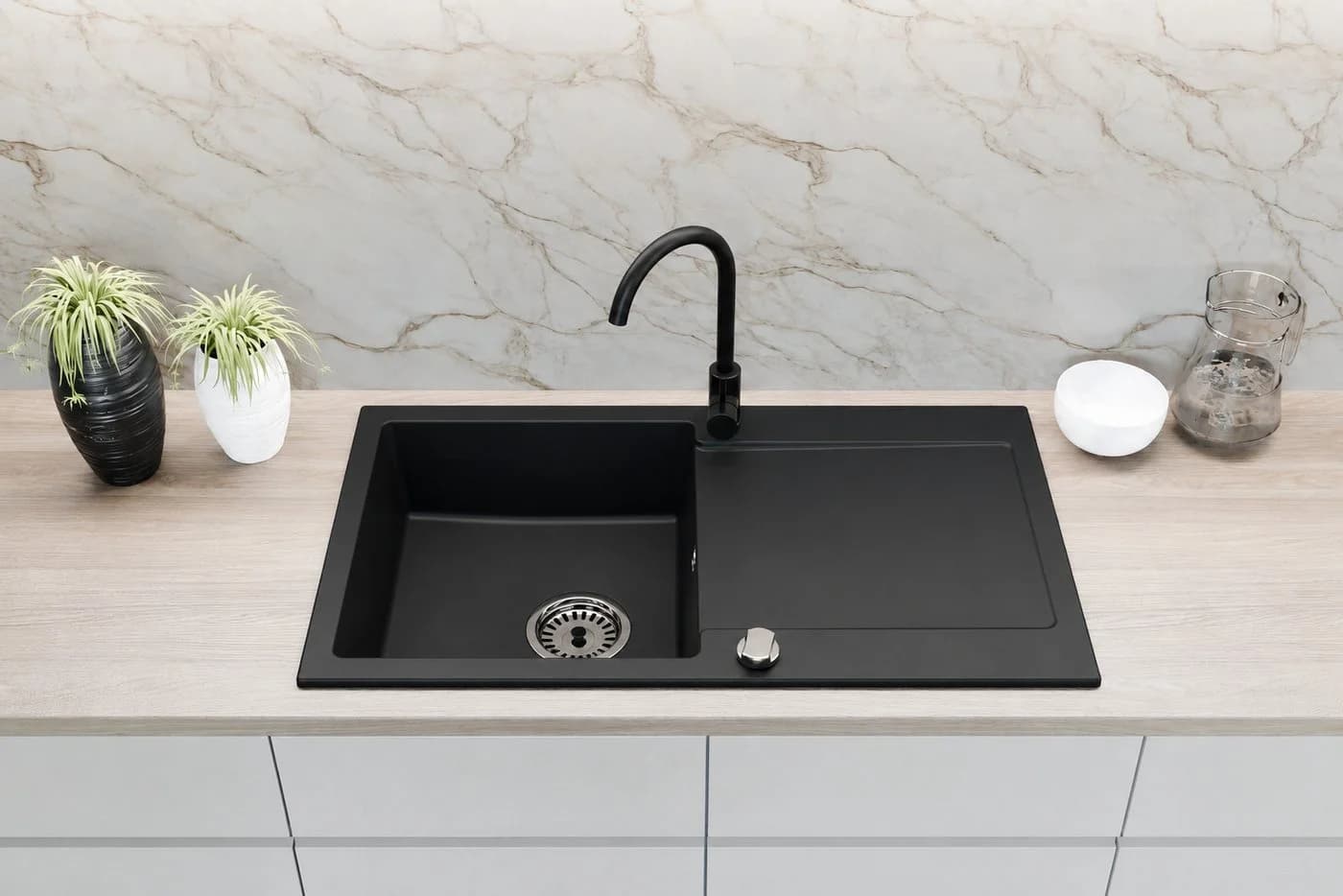 Faizee Home Granitspüle 90x50 cm Mattschwarz mit Abtropffläche