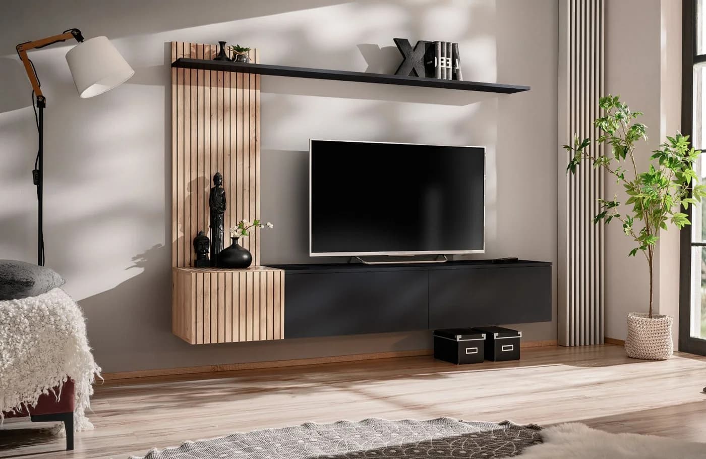 Furn.Design Wohnwand Madina Schwarz Eiche Leistenoptik Push-To-Open