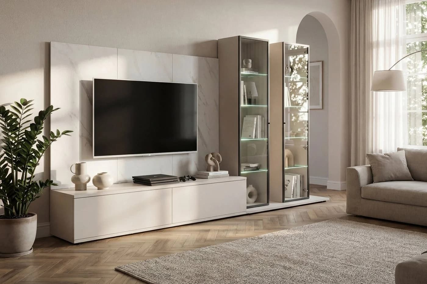 Inn.Furn Wohnwand Charm 4-teilig Kaschmir Marmor Soft-Close LED