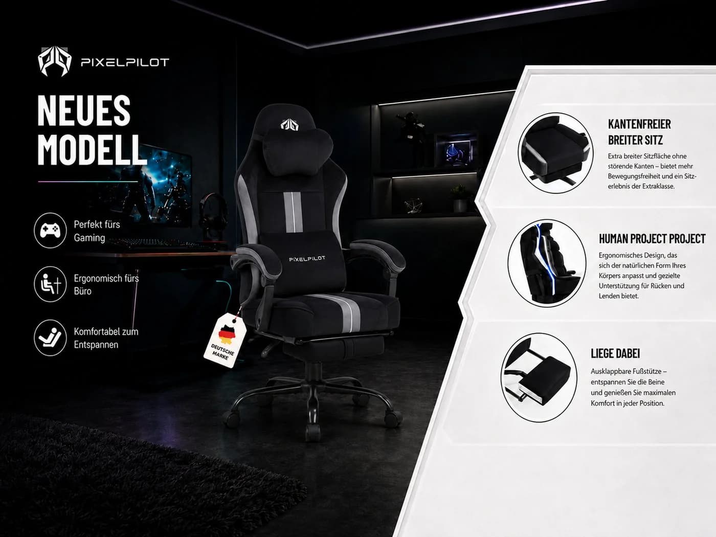 PixelPilot Gaming-Stuhl Ergonomisch mit Fußstütze Grau/Schwarz