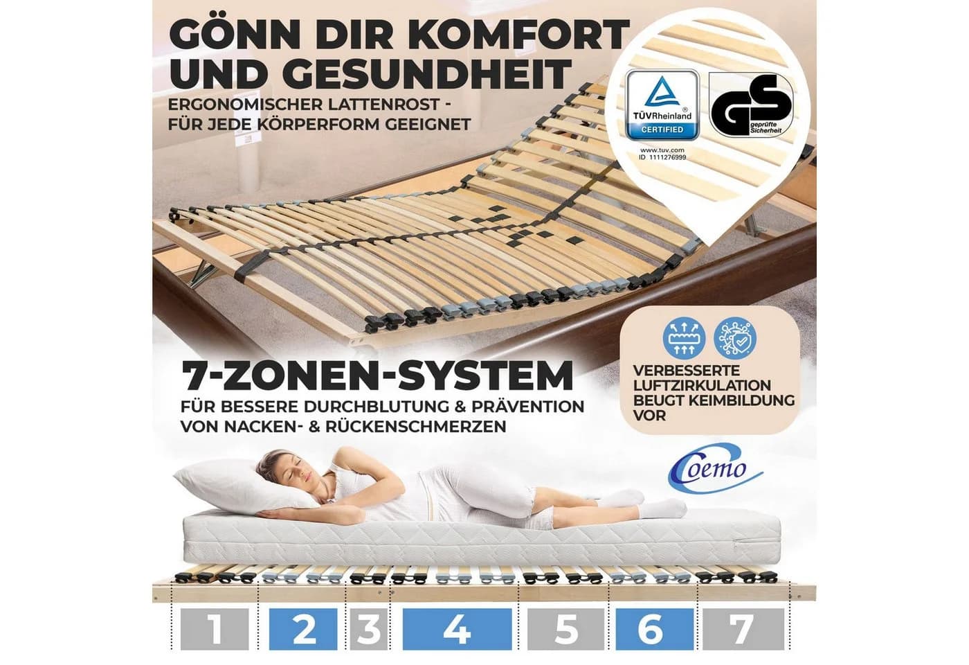Coemo Lattenrost ERGO KF 7 Zonen verstellbar Buchenholz