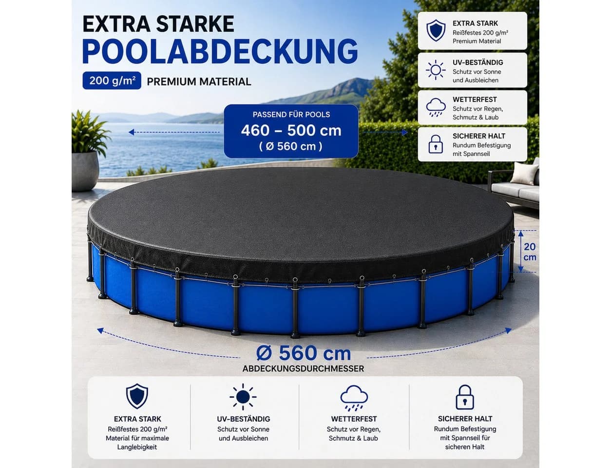 TK Gruppe Poolüberdachung rund – Extra starke 200 g/m² Poolplane schwarz