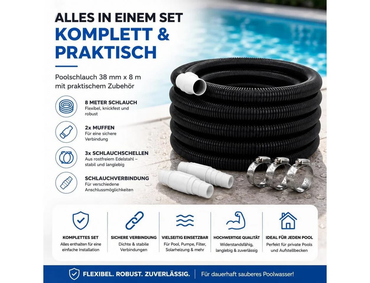 TK Gruppe Poolschlauch 38mm x 8m mit Muffen & Schellen