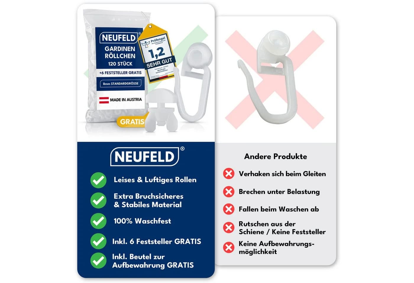 NEUFELD Gardinenröllchen 120 Stück inkl. 6 Feststeller für 8mm Schienen