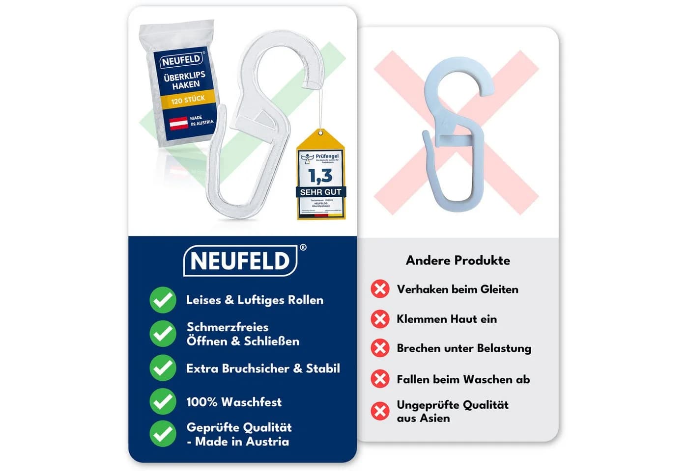 NEUFELD Gardinenhaken Überklipshaken Transparent 120 Stück 10mm Öse