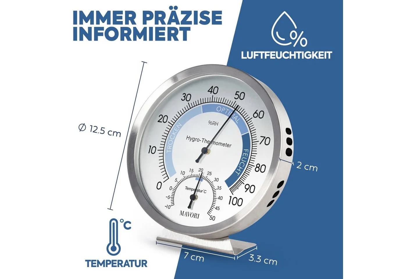 MAVORI Analoges Hygrometer & Thermometer Edelstahl Ø 12,5cm Batteriefrei