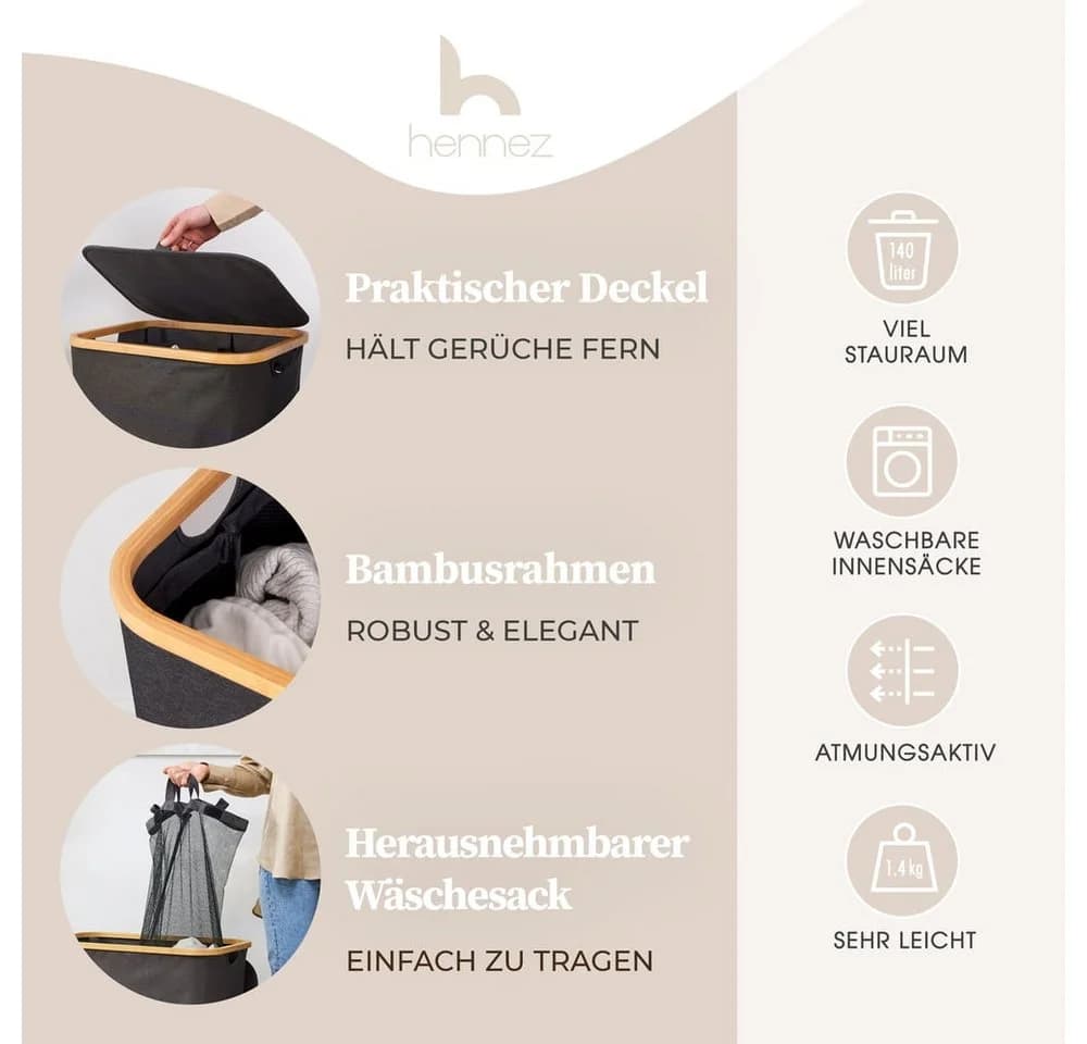 HENNEZ Wäschekorb Bambus mit Deckel 2 Fächer Dunkelgrau 140L
