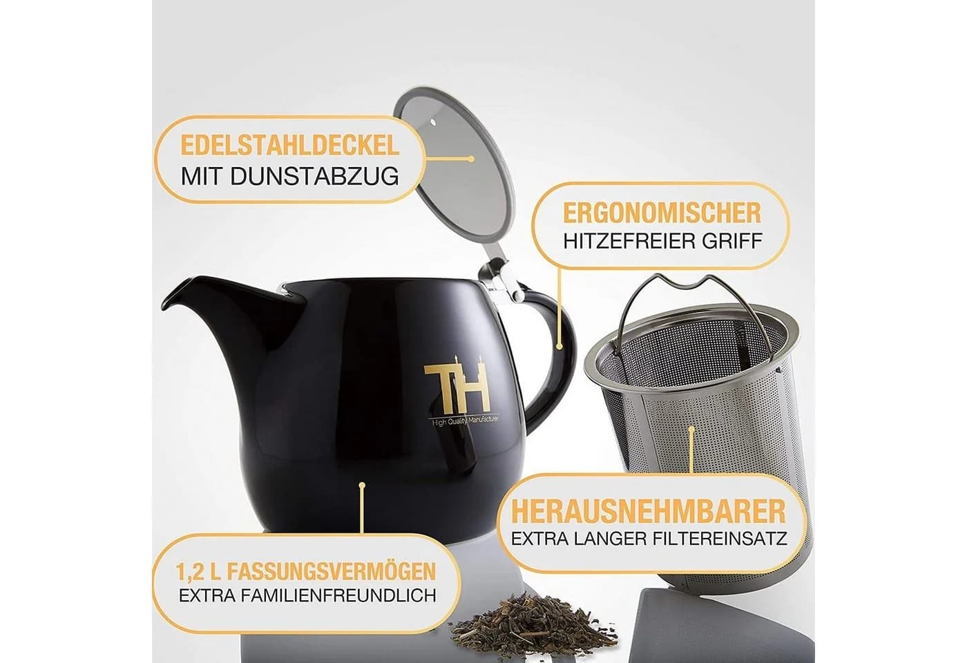 Thiru Teekanne mit Stövchen Porzellan Schwarz 1,2l mit Sieb