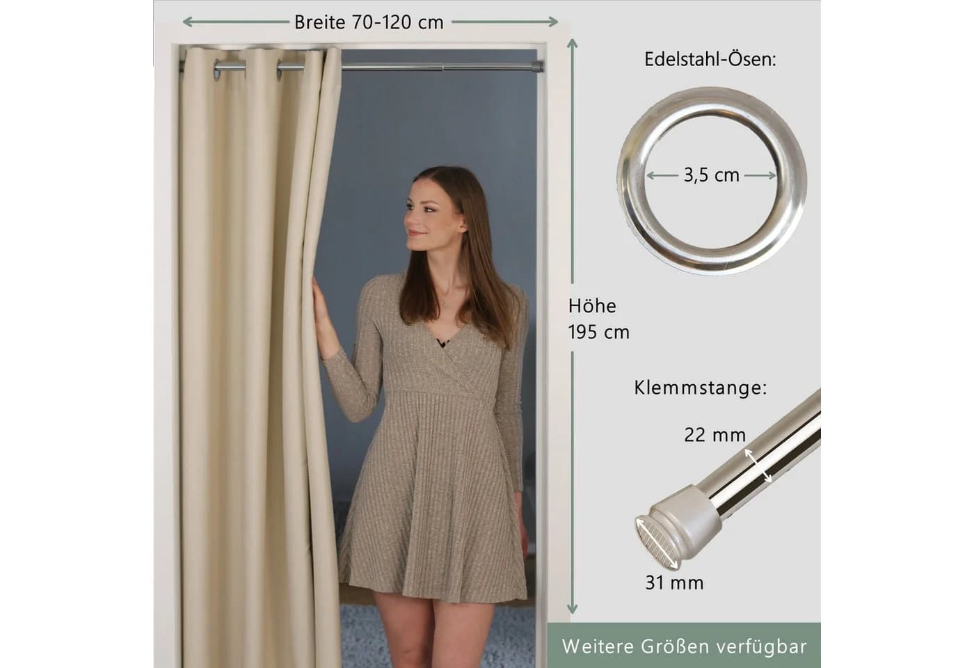 tinycurtains Türvorhang mit Stange silber 70-120 cm Thermo Vorhang ohne Bohren, mit Magneten, Ösen, abdunkelnd, Polyester, beige Driftwood