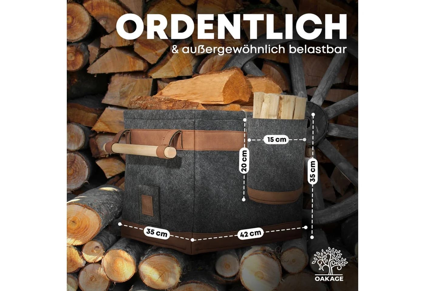 OAKAGE Kaminholzkorb Set Grau Filz mit Lederboden