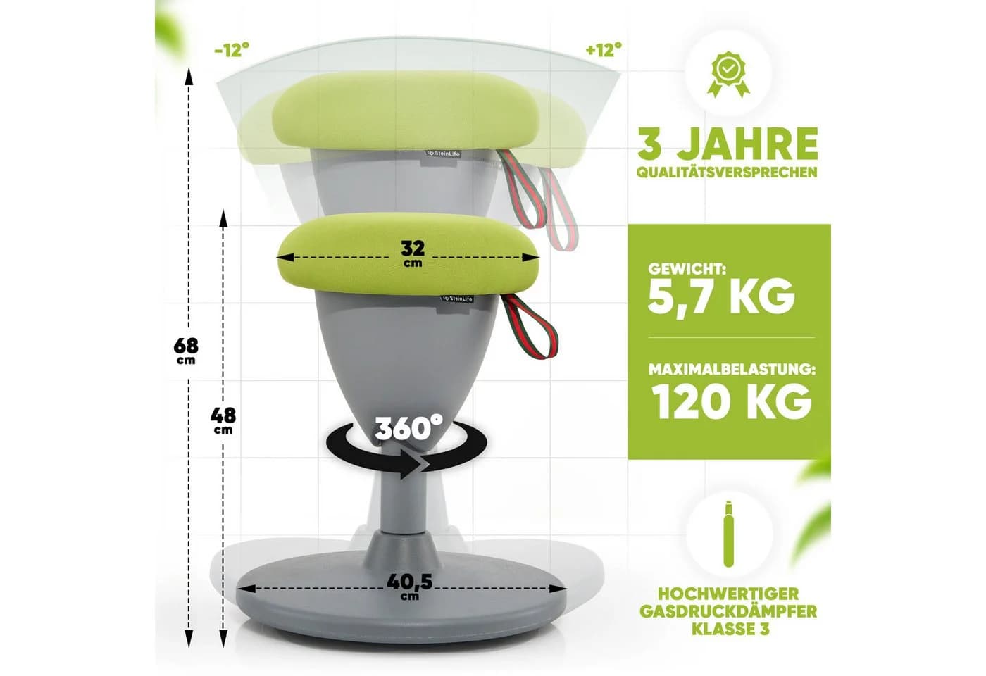 Steinlife Arbeitshocker Ergonomisch Grau/Grün Höhenverstellbar