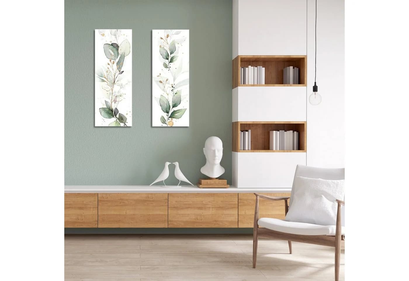 artissimo Glasbild 30x80cm Aquarell-Malerei Eukalyptus Mint-Grün Gold