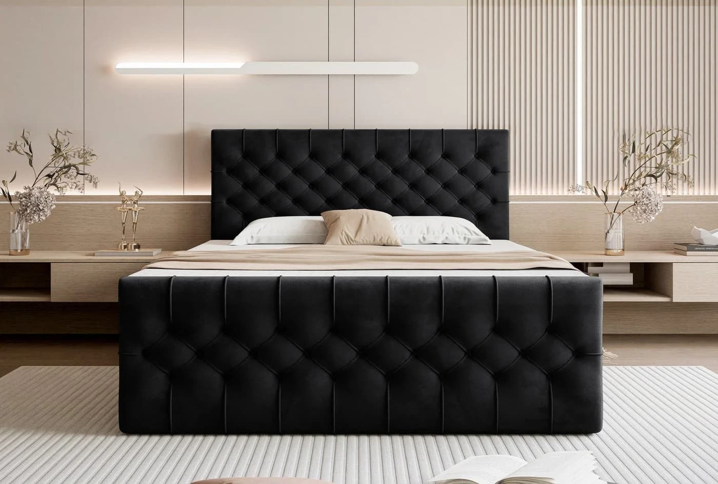 Goldstoff Boxspringbett TAURIEL Schwarz Velvet mit Stauraum