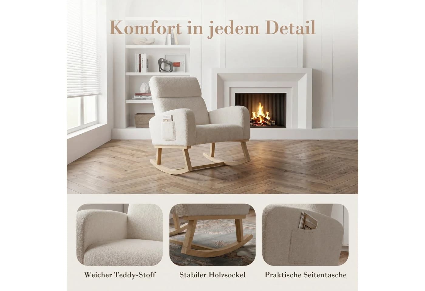 BELUPAI Schaukelstuhl Beige Teddystoff mit Massivholzfüßen
