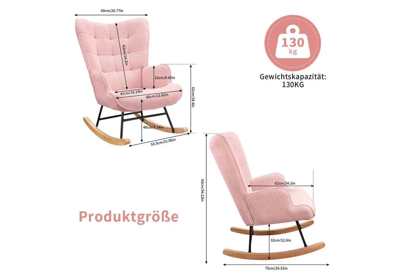 BELUPAI Schaukelstuhl Rosa mit Massivholzfüßen und Metallgestell
